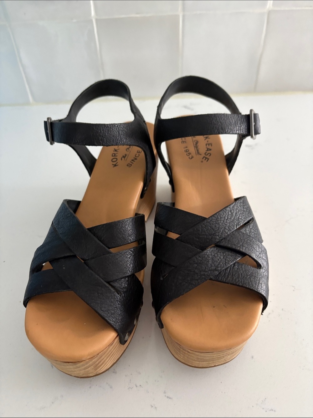 Kork-Ease Black Crisscross Platform Sandals with Ankle Strap-Size 8